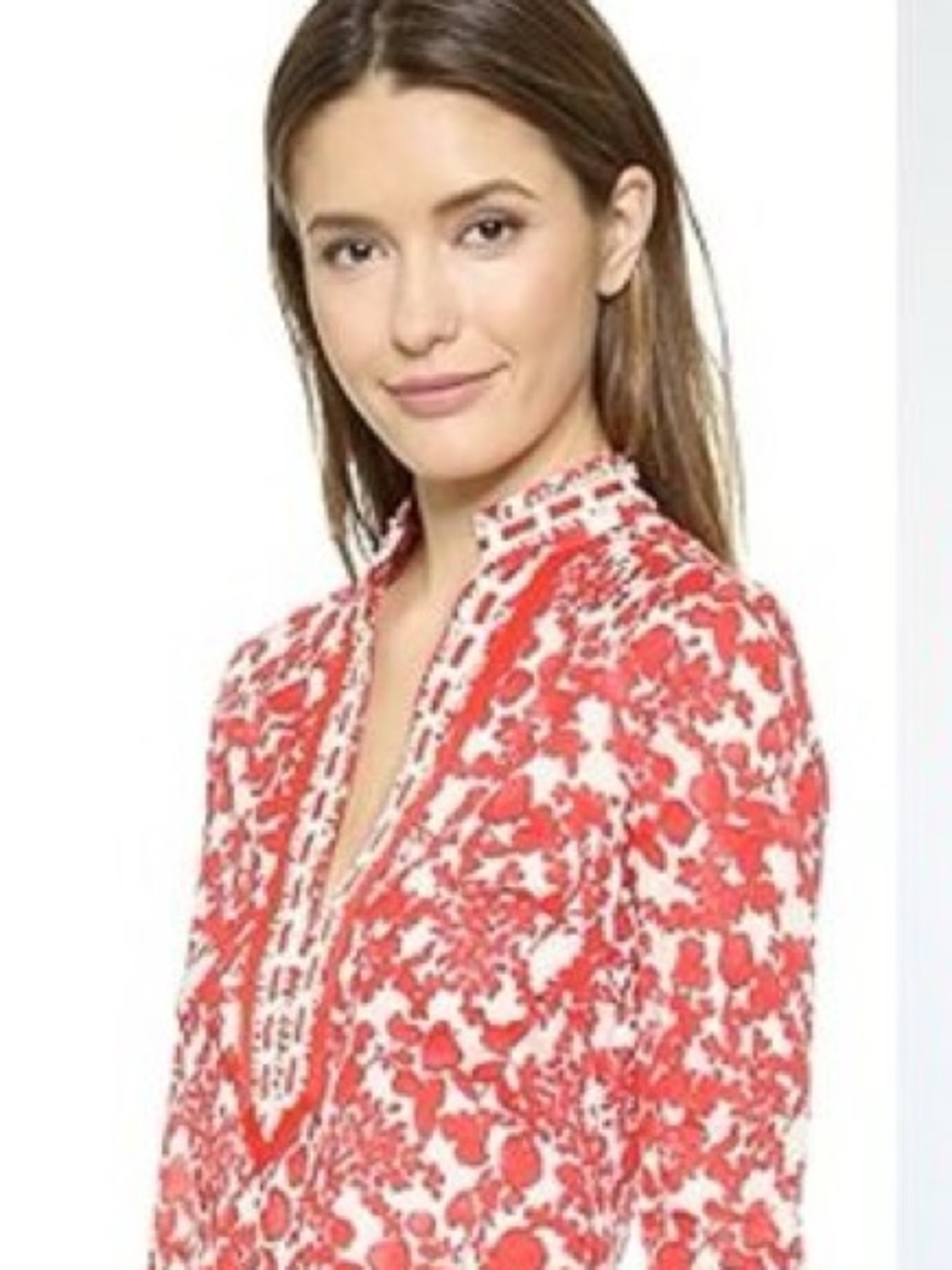 Tory Burch Red and White Floral V-Neck Tunic